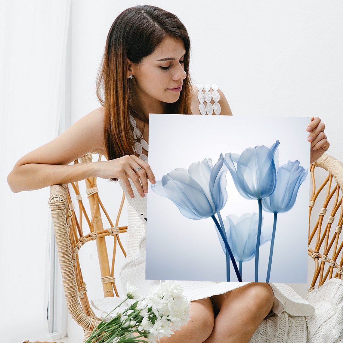 Blue Translucent Tulips White Minimalist Ethereal Floral Wall Poster - Image 3