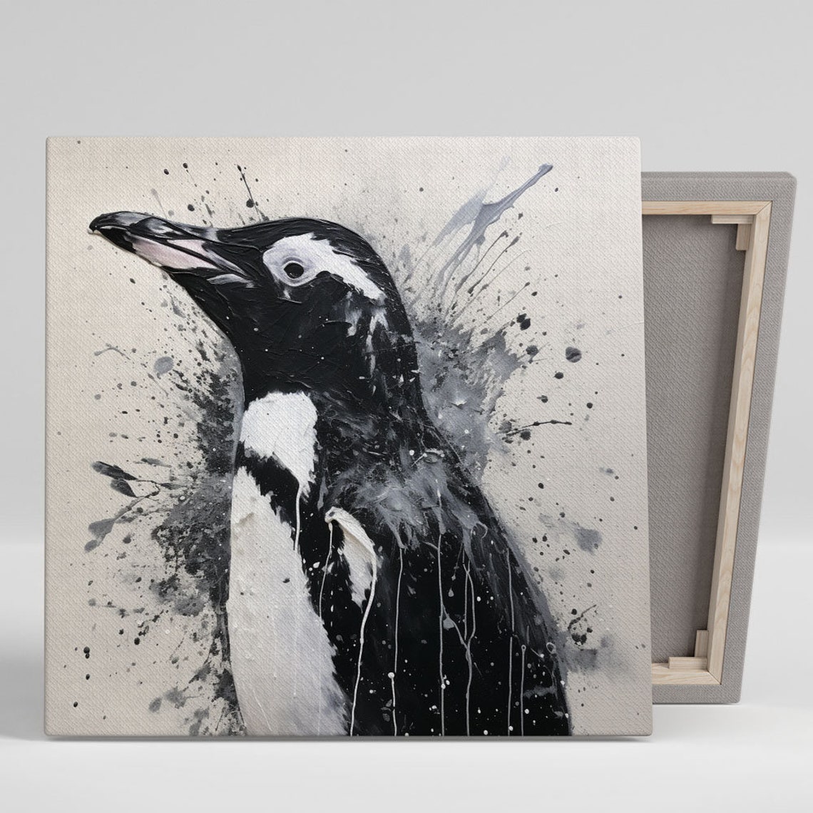 Penguin In Black And White Paint Splatter Modern Wildlife Art Poster