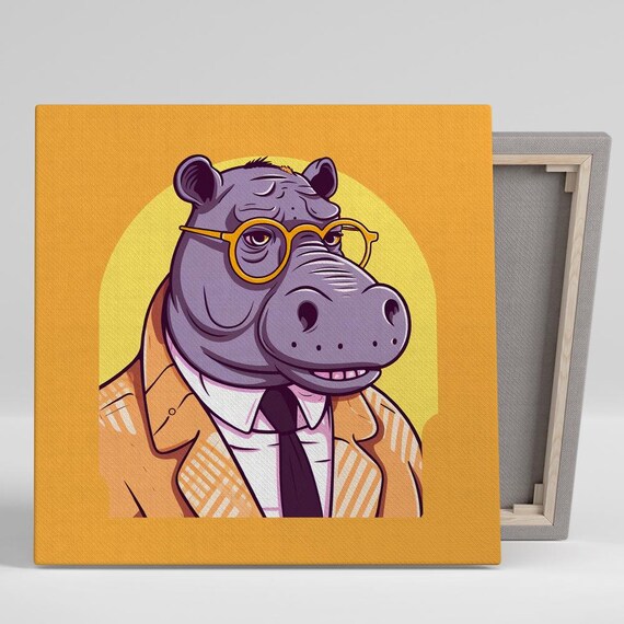 Hippo Businessman Suit Glasses Funny Office Cartoon Animal Art Poster