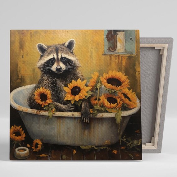 Raccoon In Rustic Bathtub With Sunflowers Vintage Oil Style Poster