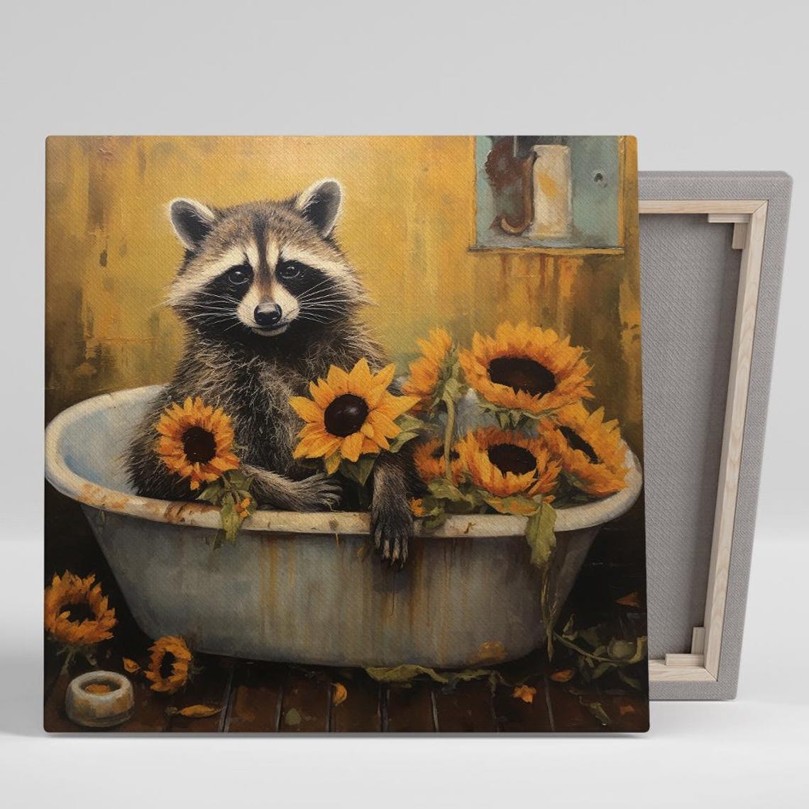 Raccoon In Rustic Bathtub With Sunflowers Vintage Oil Style Poster