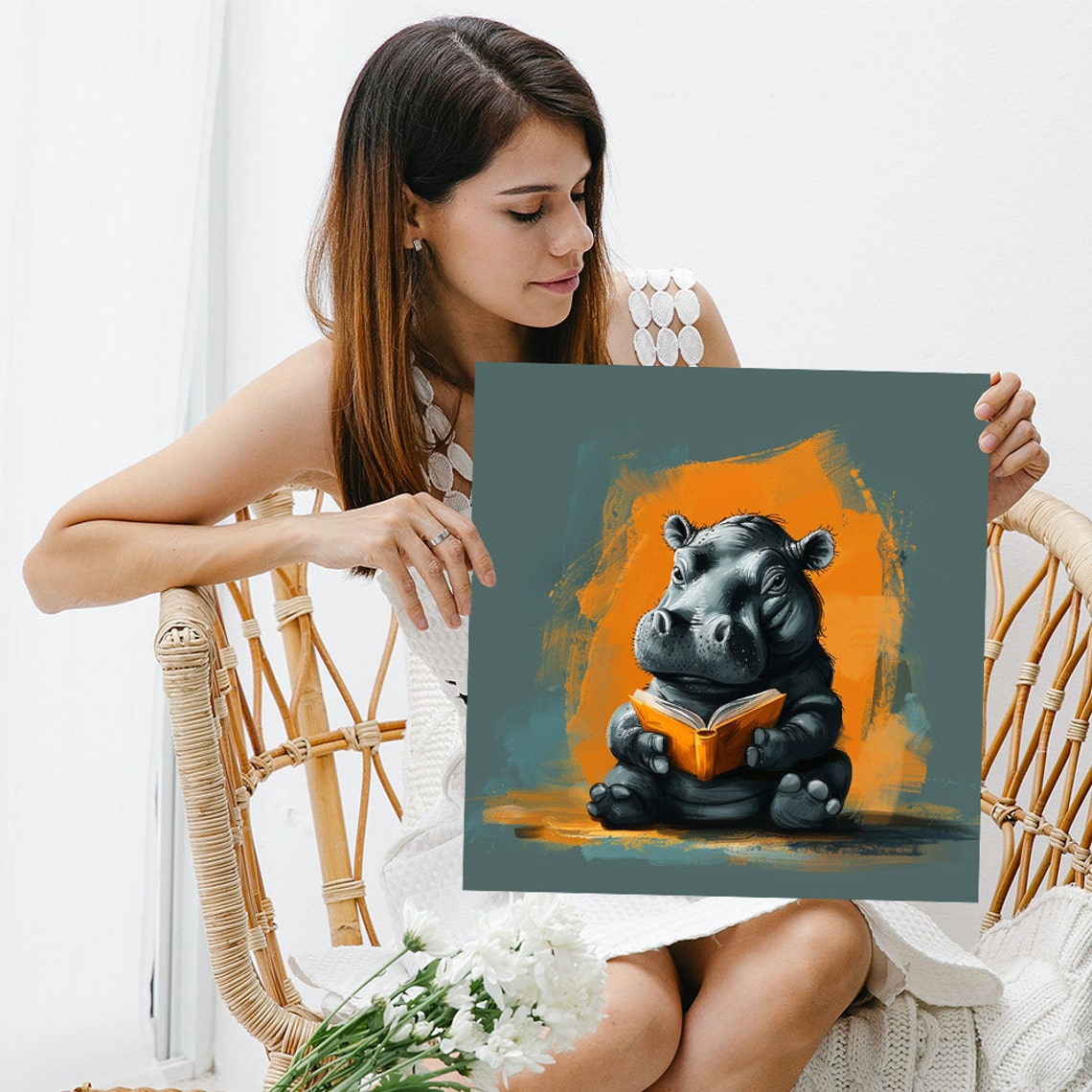 Baby Hippo Reading Orange Book Adorable Kids Nursery Wall Poster - Image 3