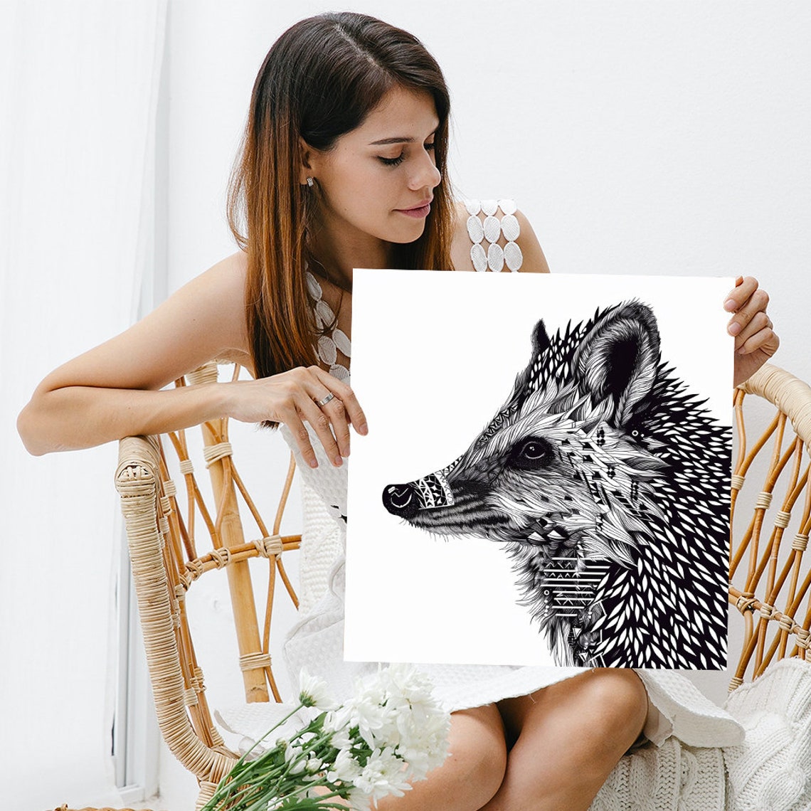 Hedgehog Tribal Zentangle Line Art Portrait Minimalist Poster - Image 3