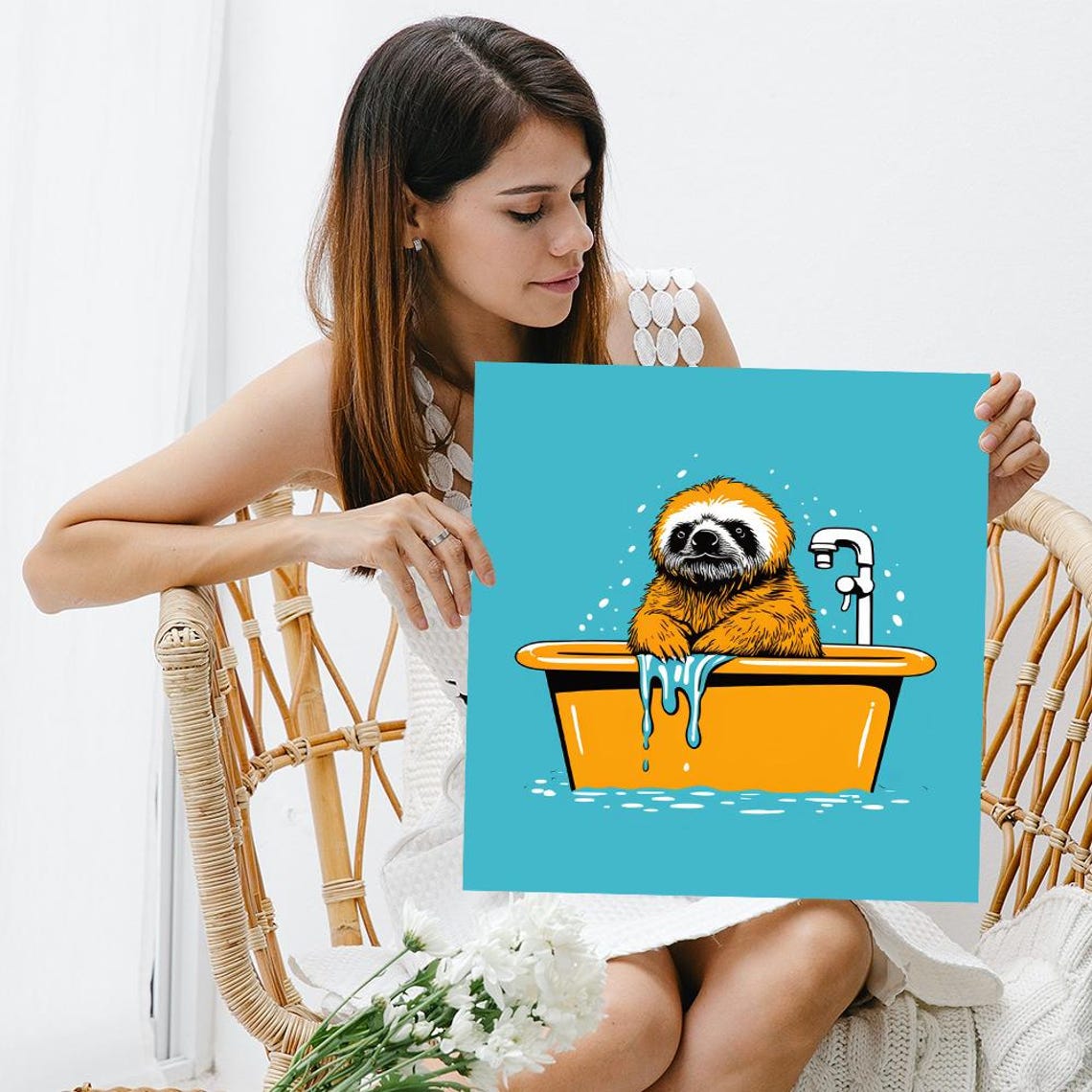 Whimsical Sloth Bath Time Pop Art Poster Funny Orange Turquoise Decor - Image 3