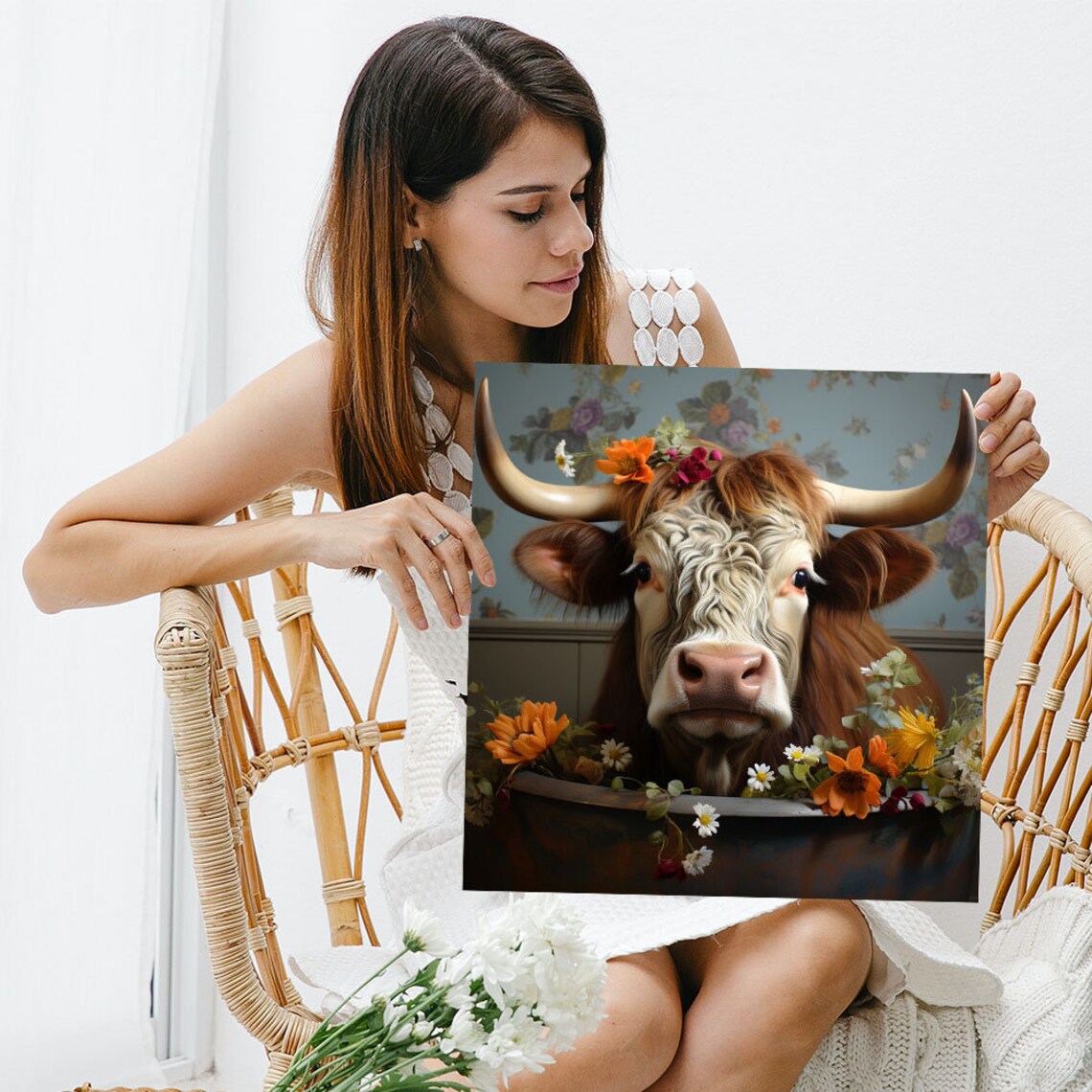 Floral Cow In Bathtub Art Print, Modern Animal Decor - Image 3