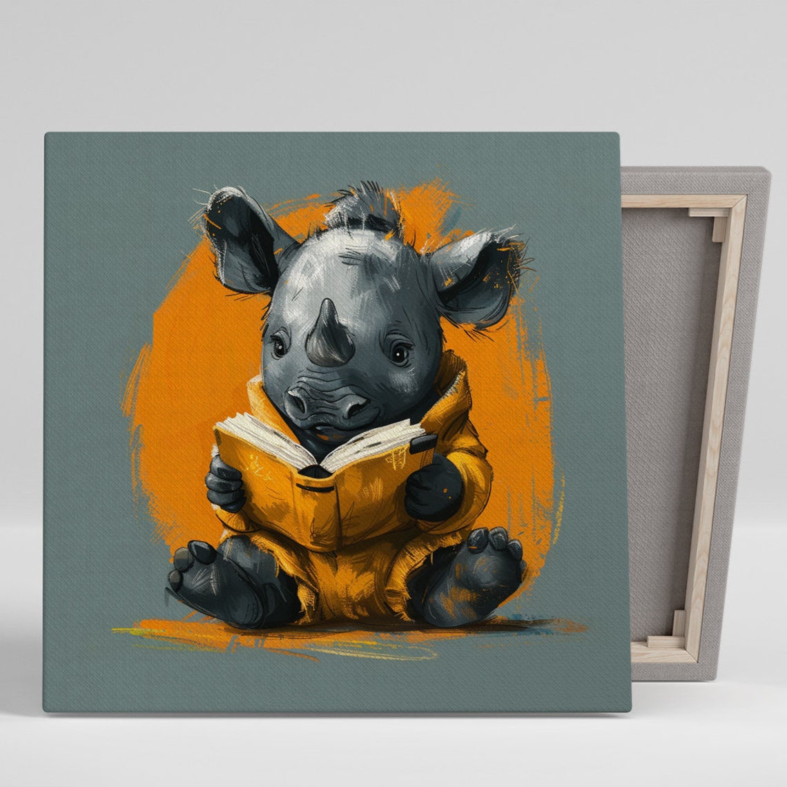 Baby Rhino Reading Book Whimsical Bookworm Nursery Wall Art Poster