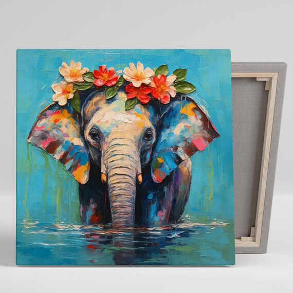 Colorful Elephant With Flower Crown Bathing In Water Bohemian Style Poster