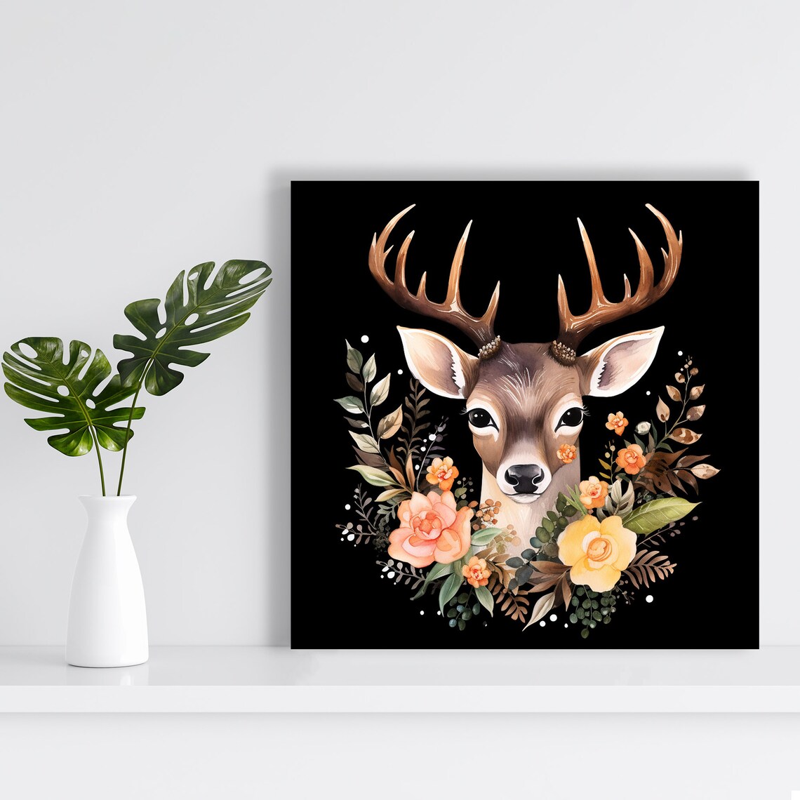 Enchanted Forest Deer With Floral Wreath Watercolor Black Poster - Image 2