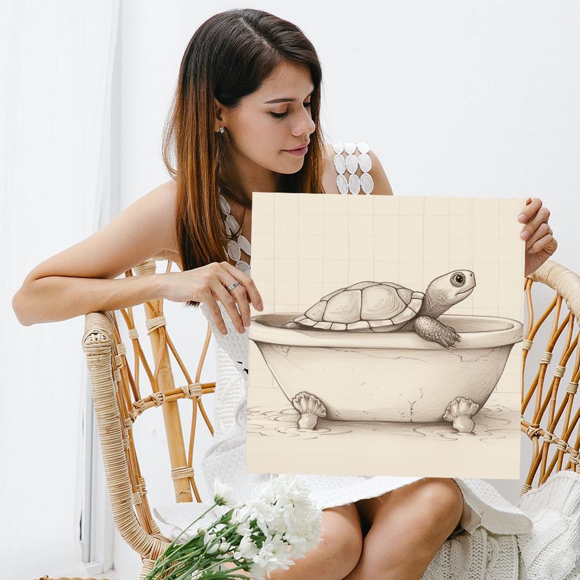Turtle Relaxing In Clawfoot Bathtub Sepia Sketch Wall Art Print - Image 3