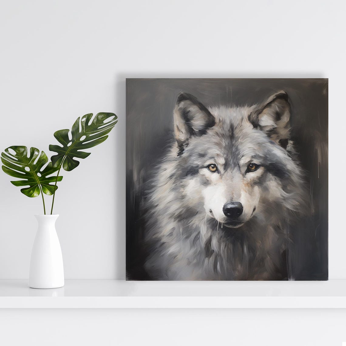 Grey Wolf Portrait Amber Eyes Soft Painterly Dark Wildlife Wall Poster - Image 2