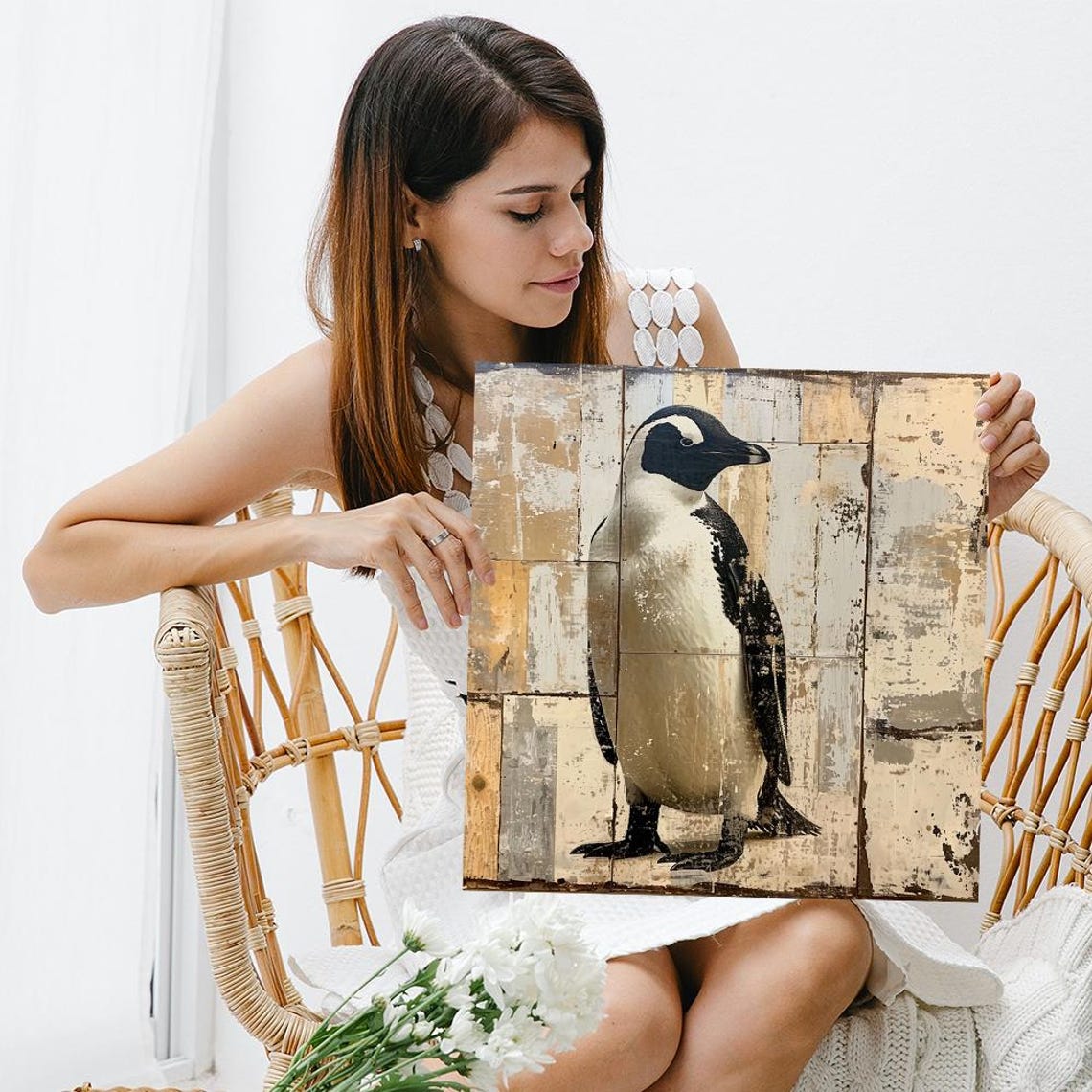 Rustic Penguin on Distressed Wood Panel Coastal Farmhouse Style Poster - Image 3