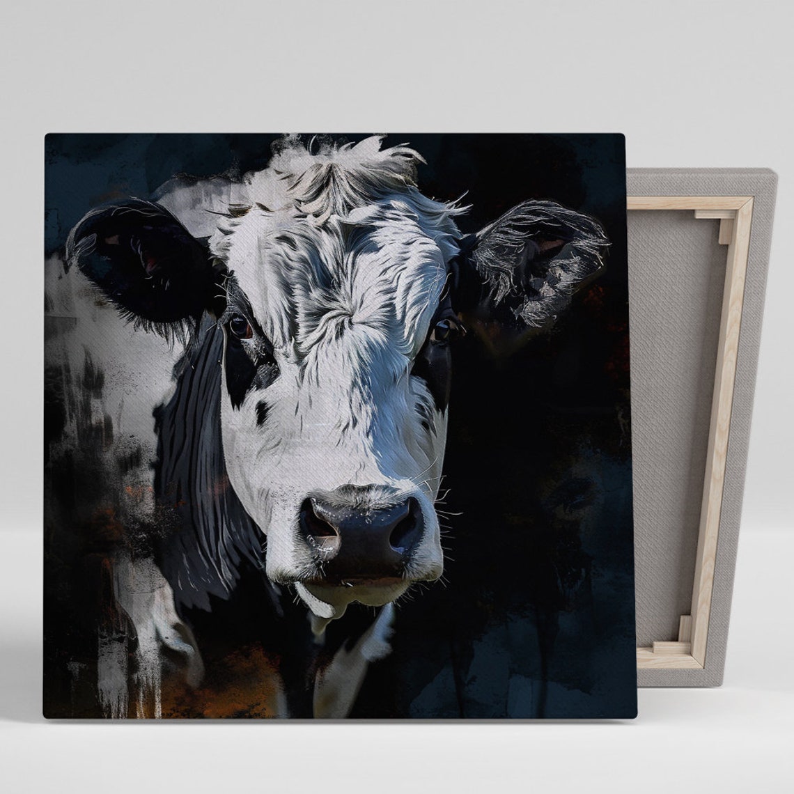 Black White Cow Portrait Dramatic Dark Painterly Farmhouse Wall Poster