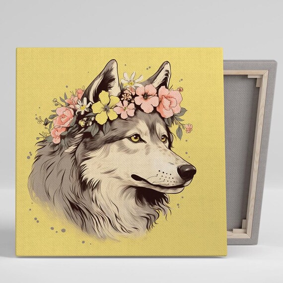 Wolf With Flower Crown Pastel Yellow Whimsical Wildlife Illustration Art Poster
