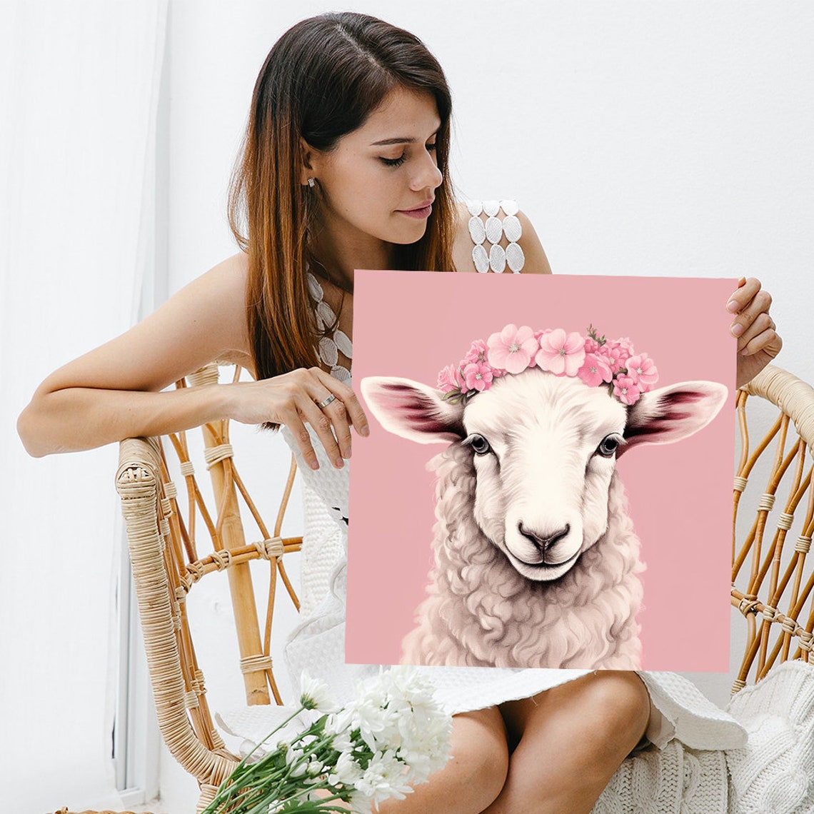 Sheep Pink Flower Crown Portrait Whimsical Rustic Farmhouse Poster - Image 3