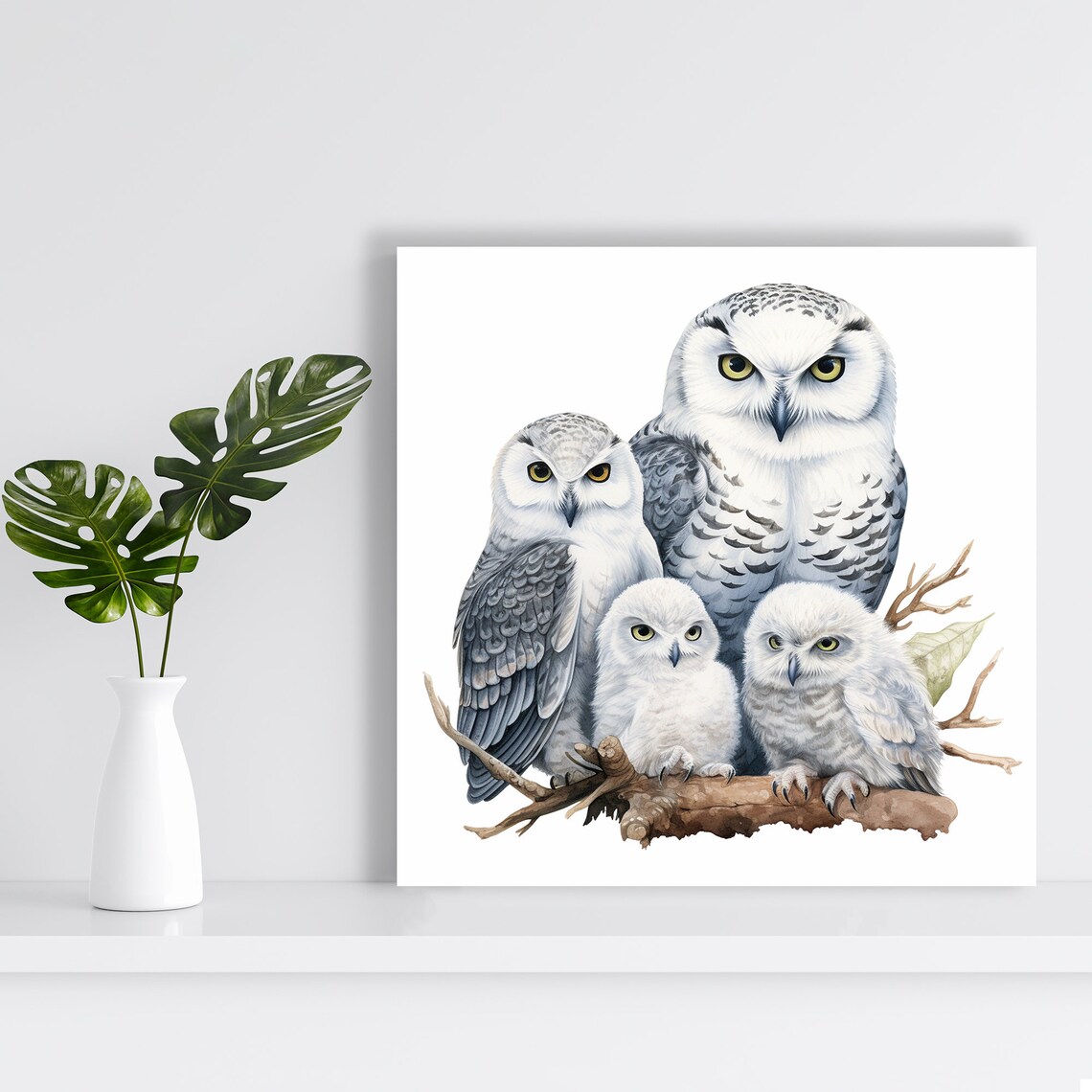 Snowy Owl Family Portrait, Rustic Modern Art Print - Image 2