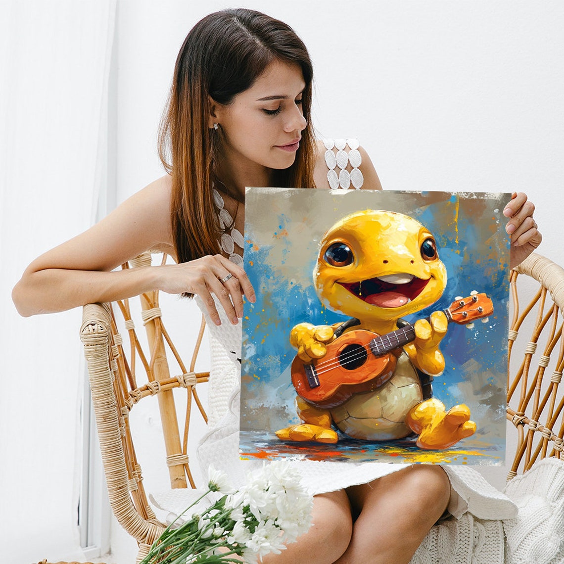 Baby Turtle Playing Ukulele Joyful Music Watercolor Style Art Poster - Image 3