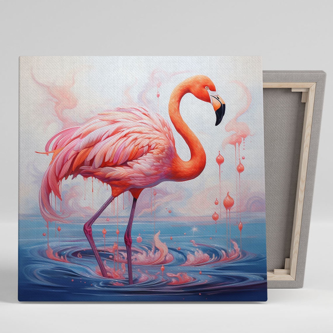 Pink Flamingo Standing In Blue Water Dreamy Tropical Bird Poster