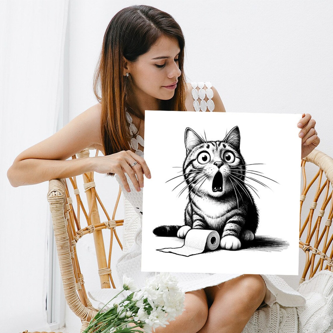 Cat With Toilet Paper Bathroom Art Print, Modern - Image 5
