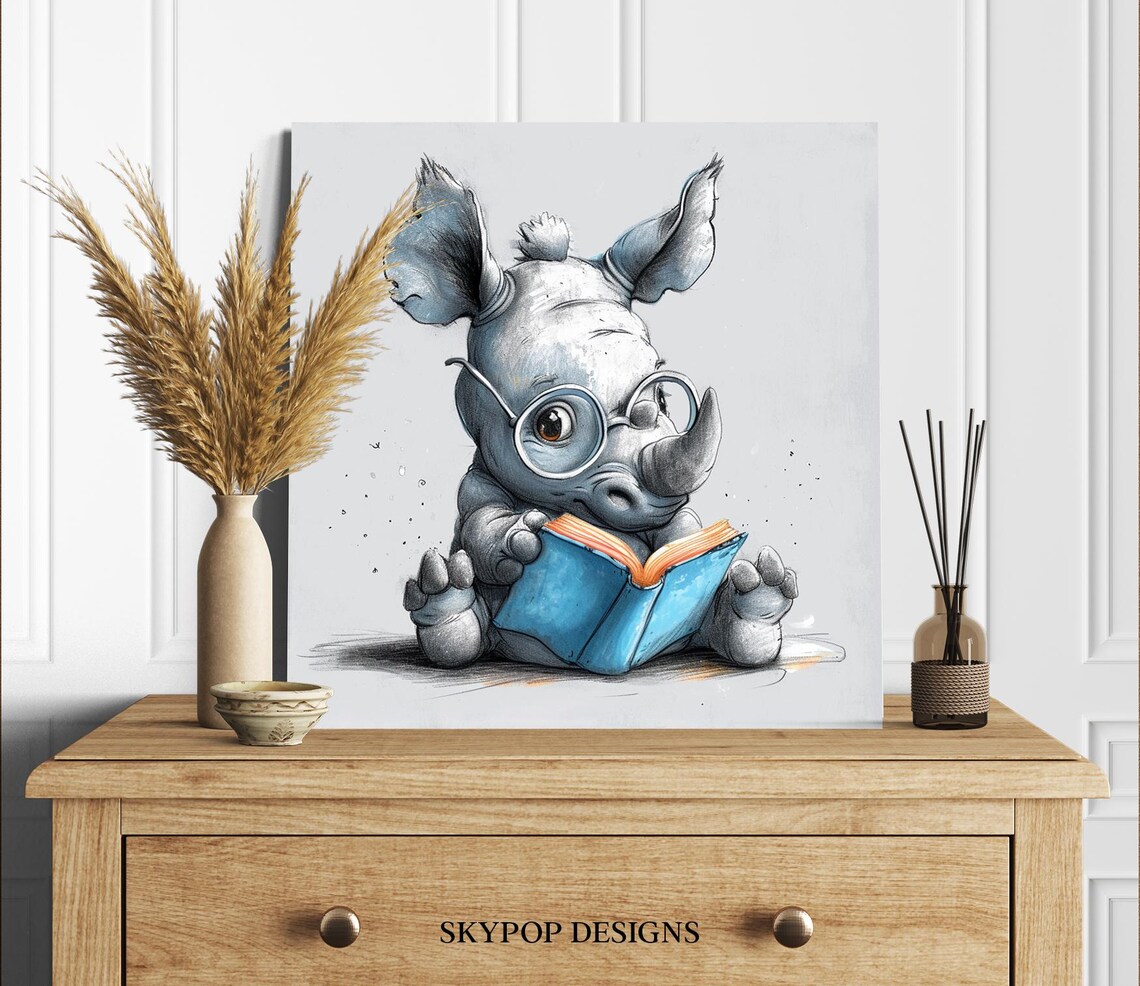 Baby Rhino With Glasses Reading Book Cute Watercolor Art Poster - Image 2