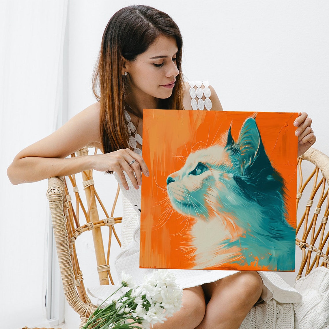 Teal Cat Profile On Bold Orange Pop Art Feline Portrait Poster - Image 3