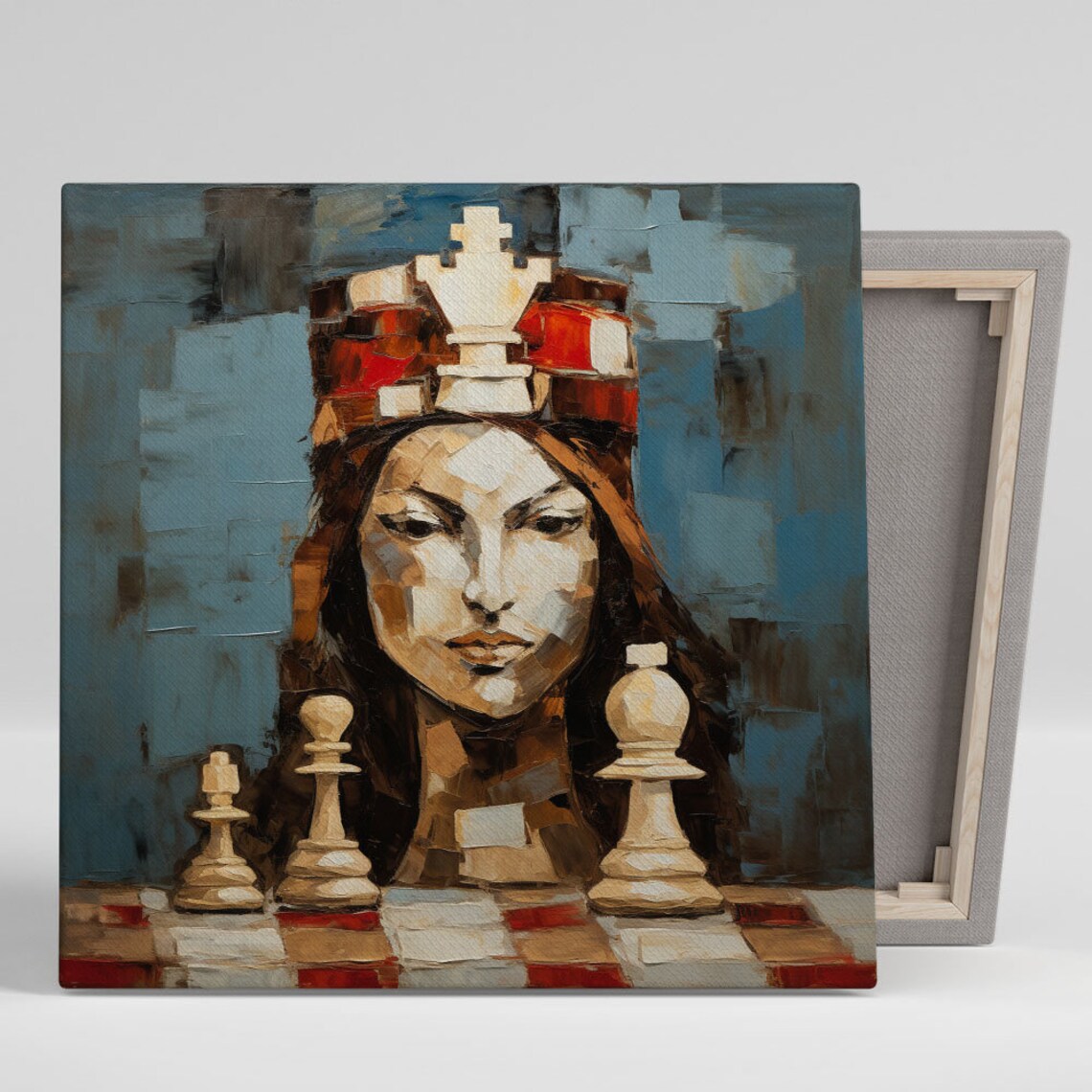 Chess Queen Woman Portrait Abstract Blue Cubist Game Art Canvas Poster