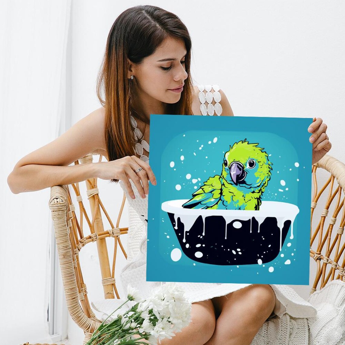 Bathing Parrot Splash Art, Whimsical Animal Poster - Image 3