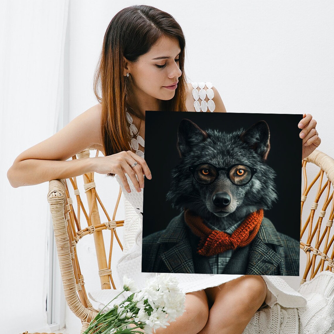 Wolf Scholarly Contemporary Whimsical Wall Art Print - Image 3