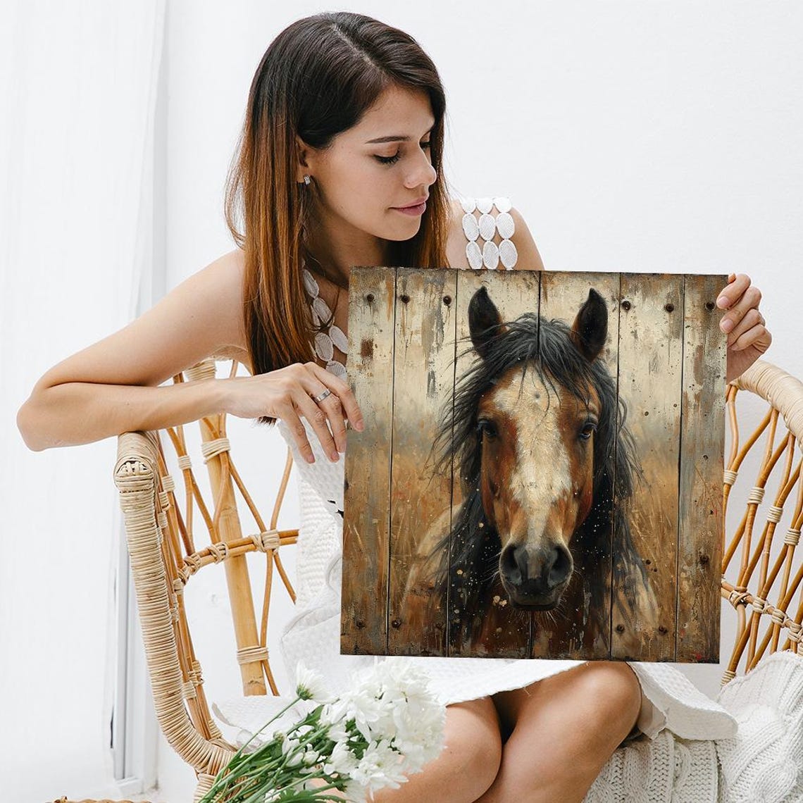 Chestnut Horse Portrait On Rustic Barn Wood Farmhouse Wall Poster - Image 3