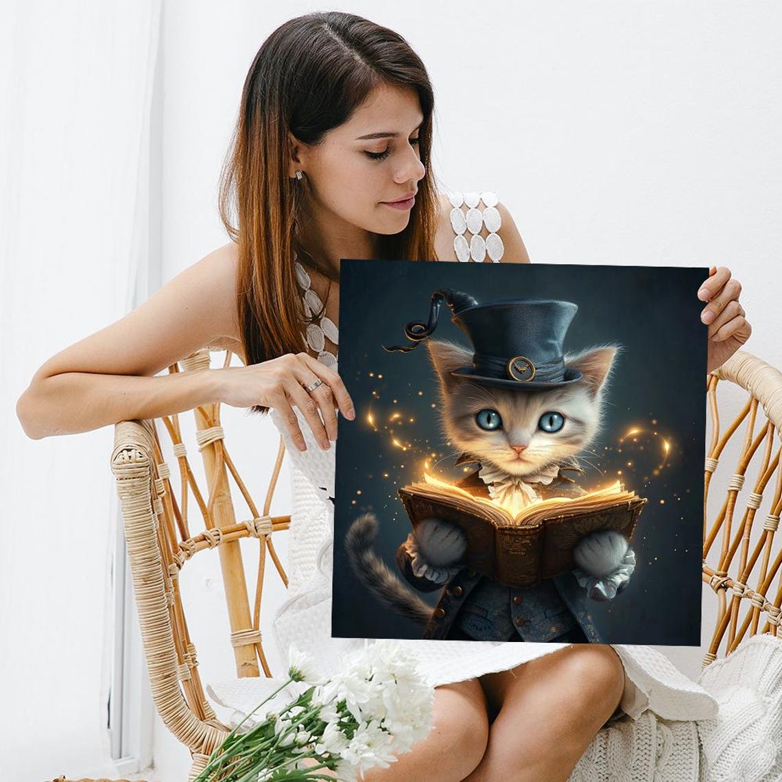 Magical Kitten Reading Glowing Book Fantasy Wizard Cat Wall Art Poster - Image 3