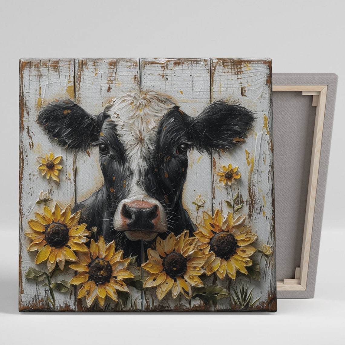 Rustic Black White Cow Sunflowers Farmhouse Wood Plank Art Poster