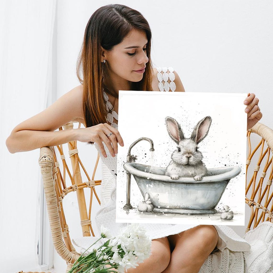Bunny Bathtub Soak Cute Watercolor Farmhouse Nursery Animal Poster - Image 3