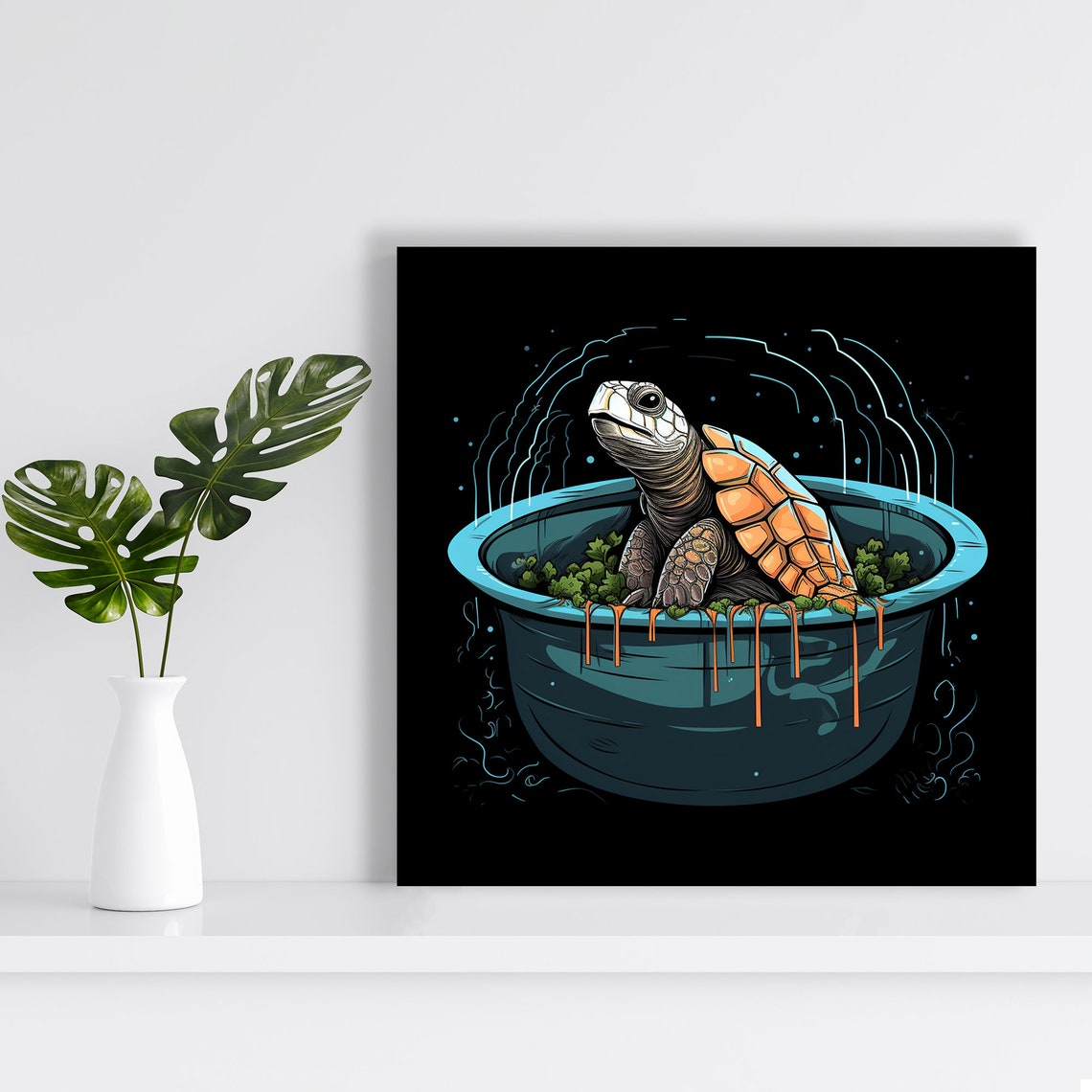 Cute Turtle Floating In Soup Bowl Playful Surreal Animal Art Poster - Image 2