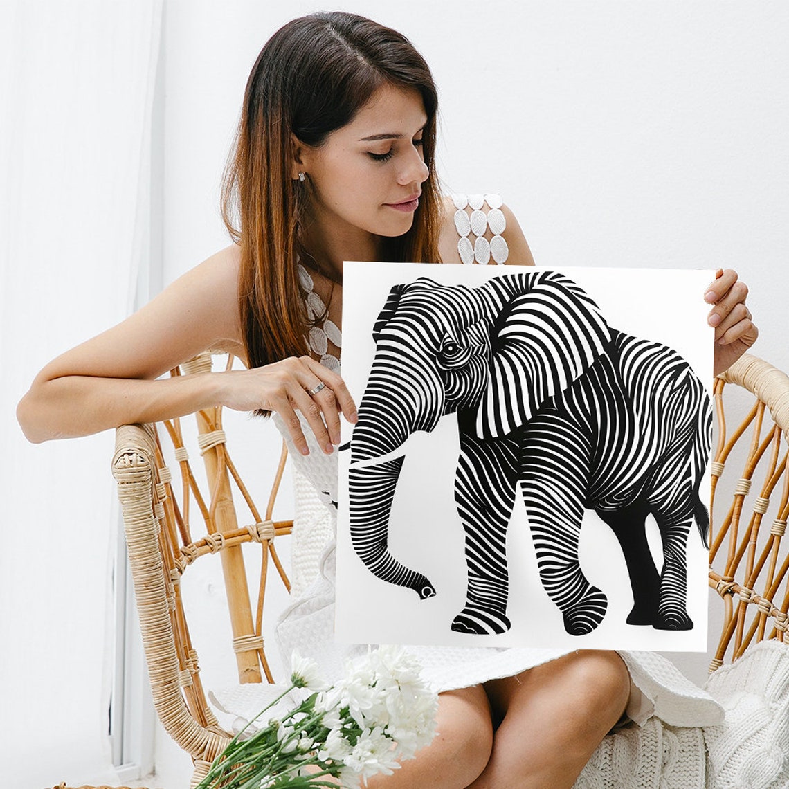 Elephant Striped Line Illusion Black White Minimalist Art Poster - Image 3