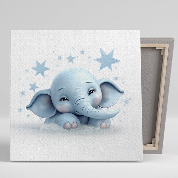 Baby Blue Elephant with Stars Sweet Nursery Watercolor Wall Art
