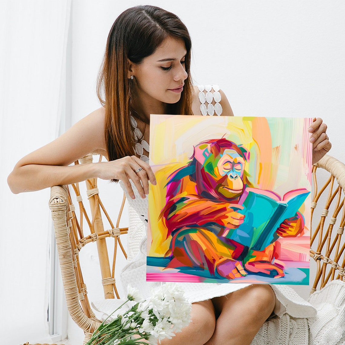 Orangutan Reading Colorful Book Vibrant Pop Art Jungle Reader Poster - Image 3
