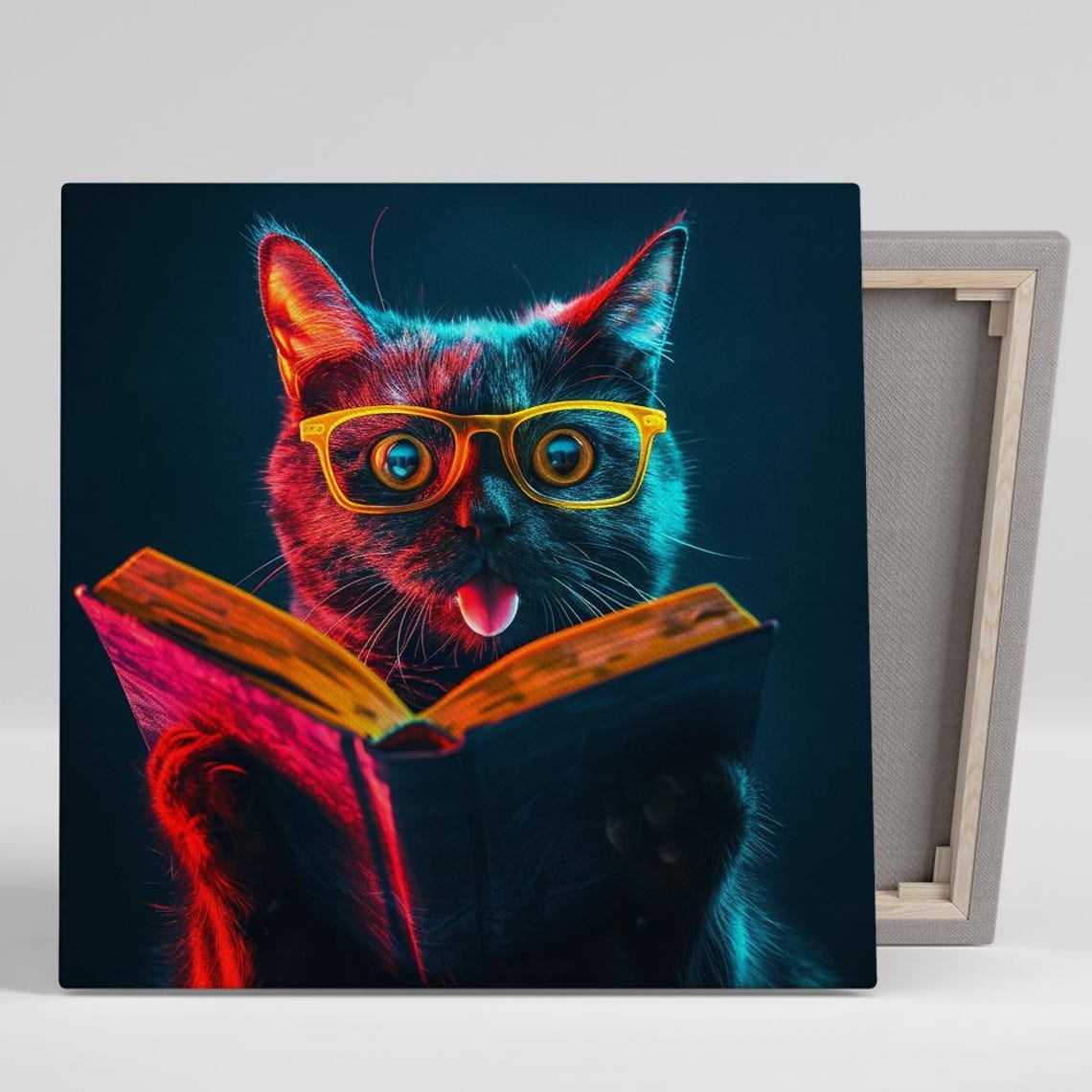 Neon Black Cat with Yellow Glasses Reading Book Pop Style Poster