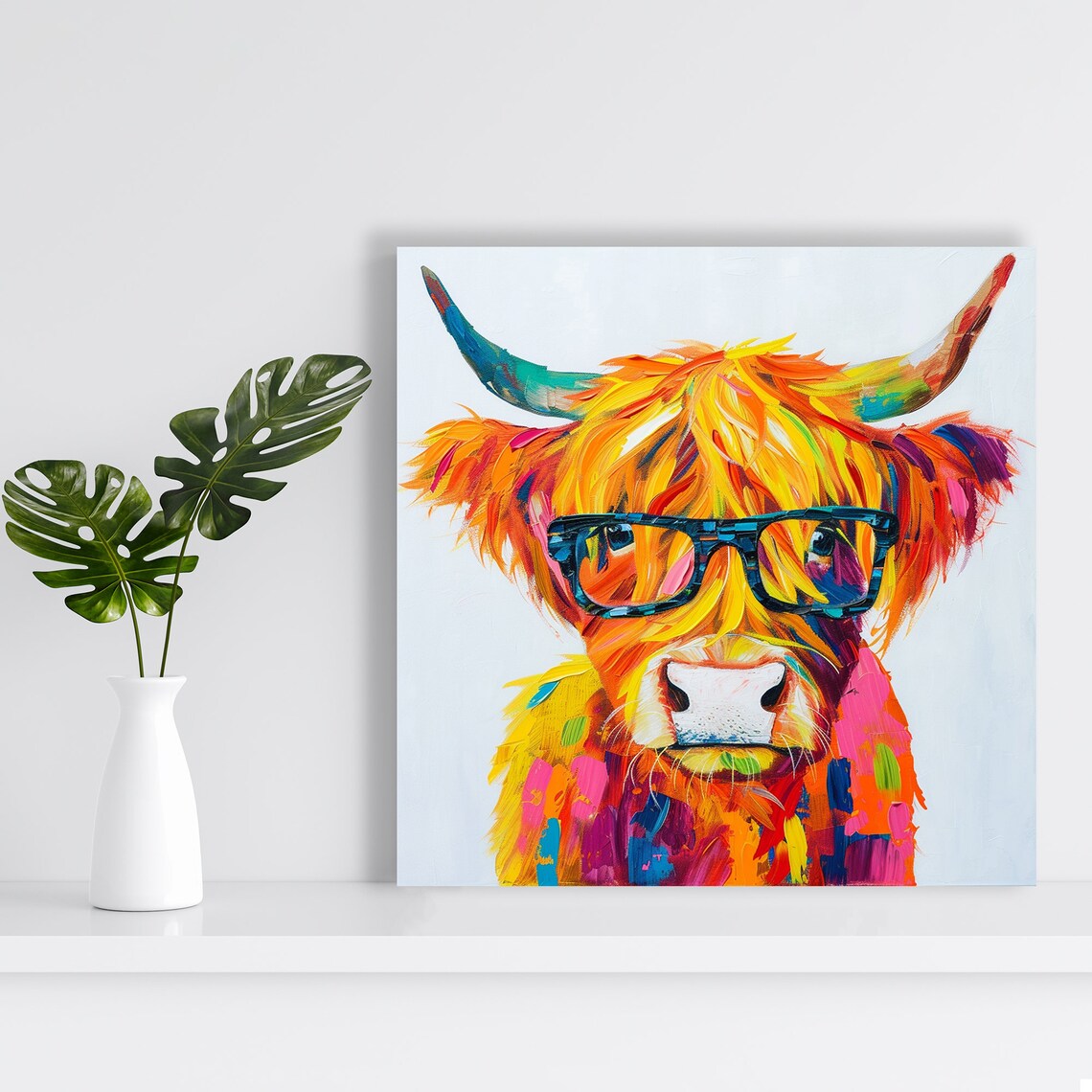 Hipster Highland Cow Art Print, Contemporary Decor - Image 2