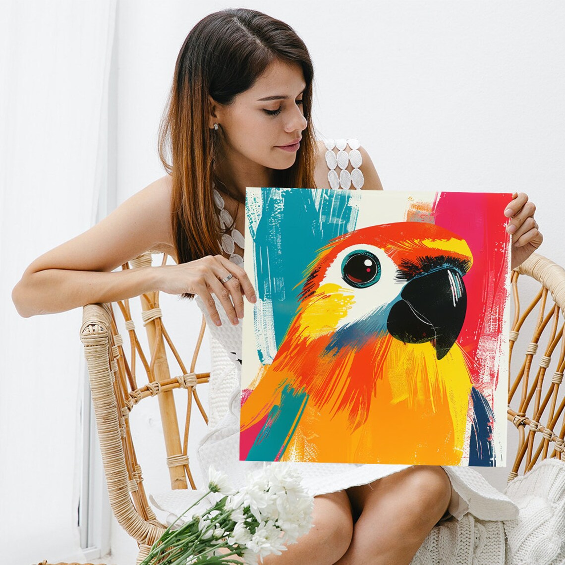 Parrot Close Up Vibrant Pop Art Brushstroke Tropical Wall Art - Image 3