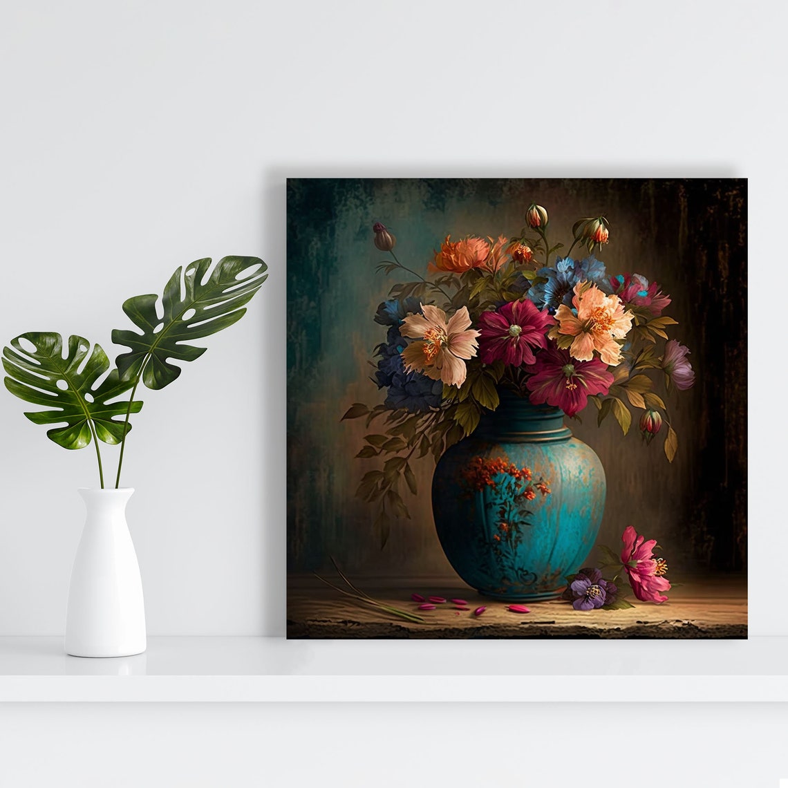 Peony Flowers Teal Turquoise Vase Dark Moody Botanical Art Poster - Image 2