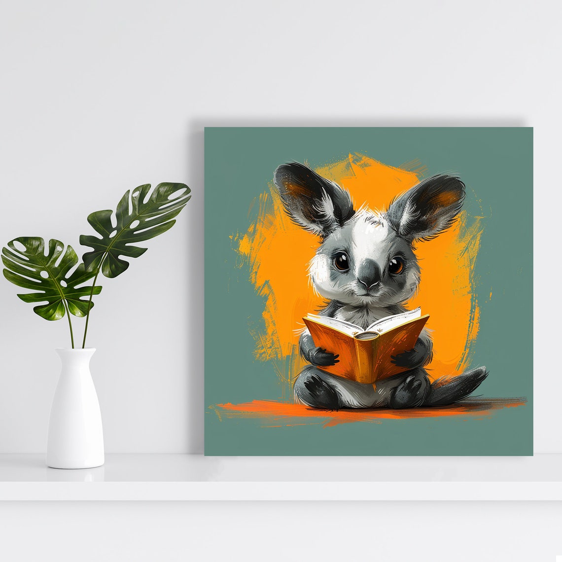 Adorable Bookworm Bunny Reading Orange Book Teal Kids Room Poster - Image 2