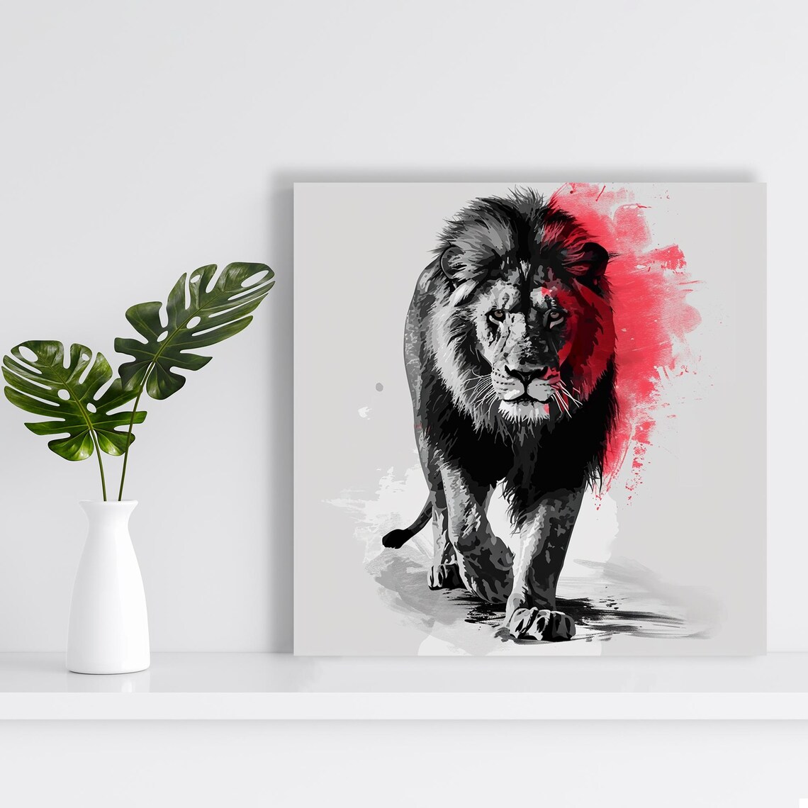 Lion Walking Forward Black White Red Splash Powerful Majestic Animal Wall Art Poster - Image 2