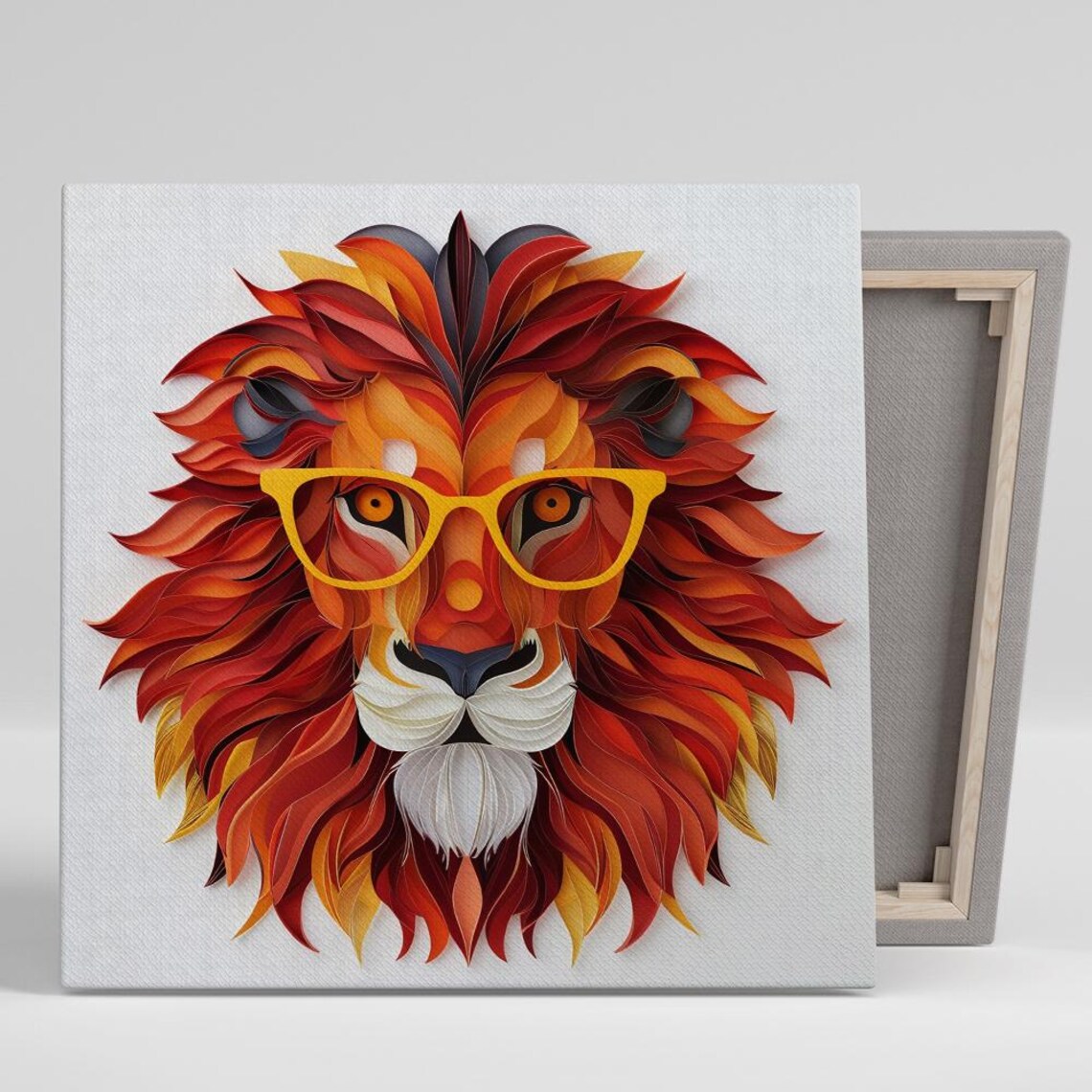 Whimsical Lion Head Paper Quilling Art Yellow Glasses Red Mane Wall Poster