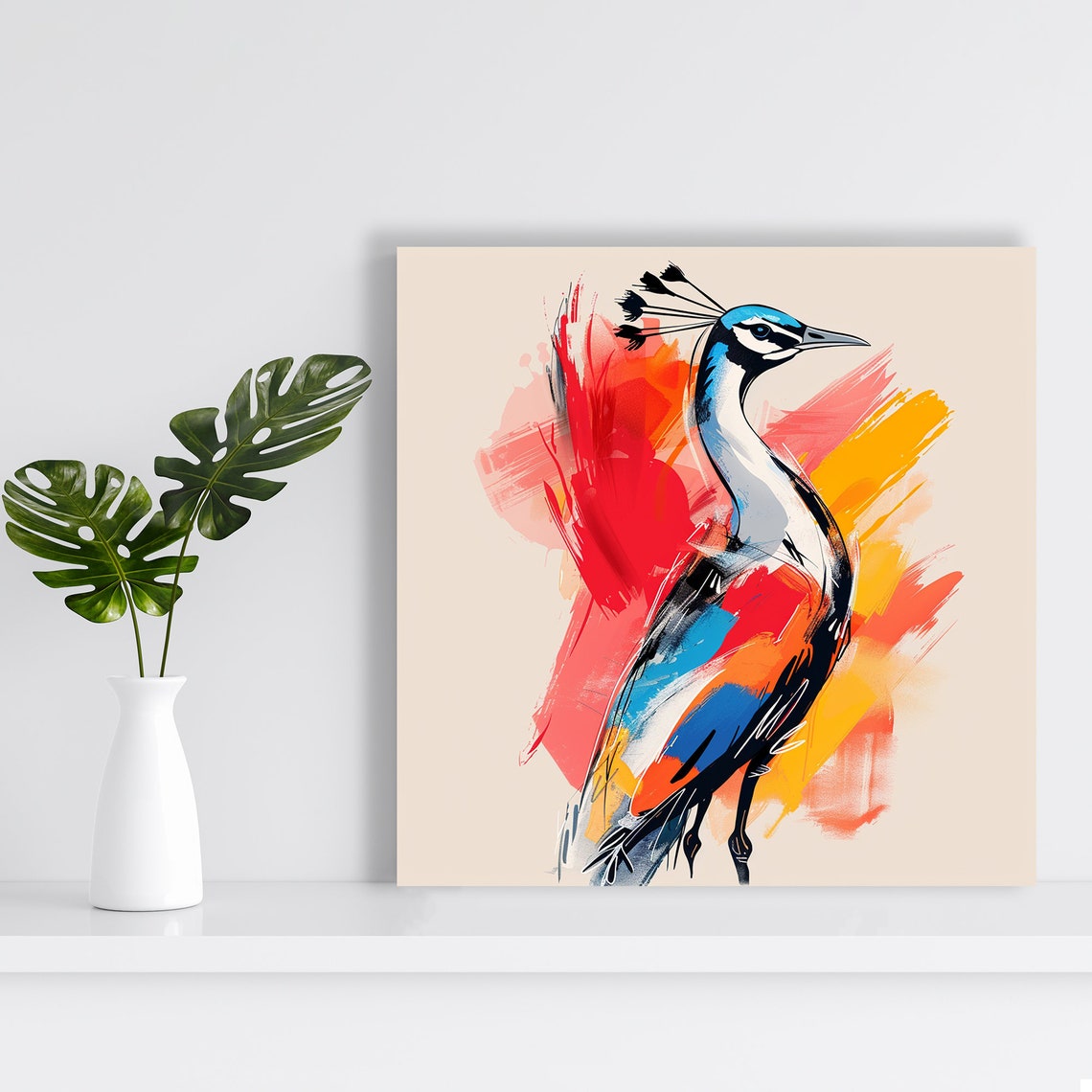 Peacock Standing Watercolor Splash Red Orange Blue Elegant Wall Poster - Image 2