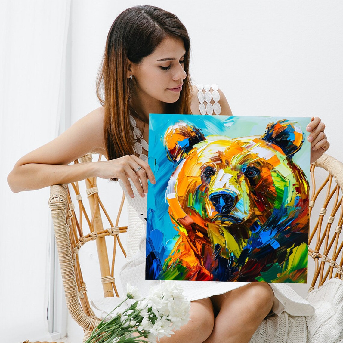 Golden Bear Head In Bold Blue Orange Brushstrokes Expressive Impasto Poster - Image 3