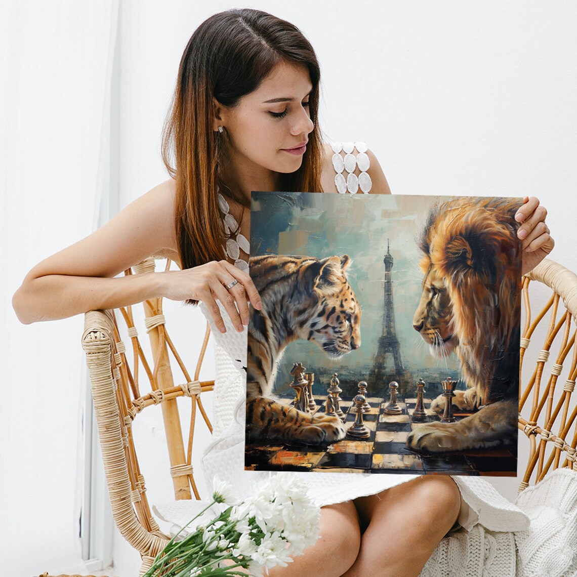 Lion And Leopard Chess Royalty Surrealism Art Print - Image 3