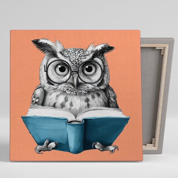 Wise Owl Wearing Glasses Reading Blue Book Cute Peach Background Kids Poster