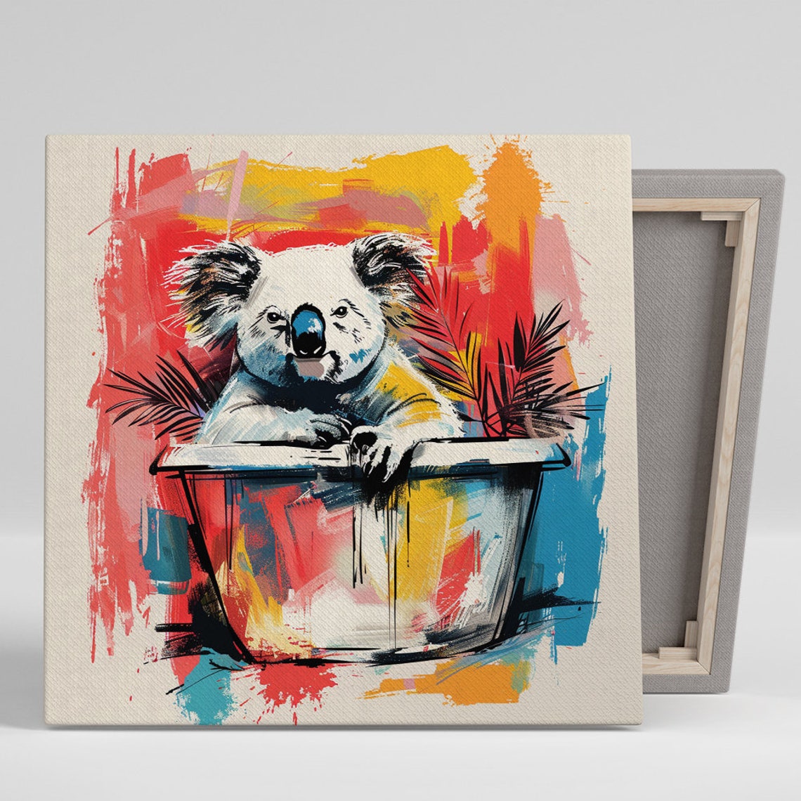 Koala Bear in Bucket Pop Art Brushstrokes Red Blue Yellow Fun Poster