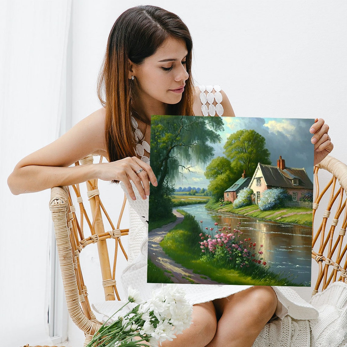 Country Cottage River Reflection Pink Wildflowers Idyllic Wall Poster - Image 3