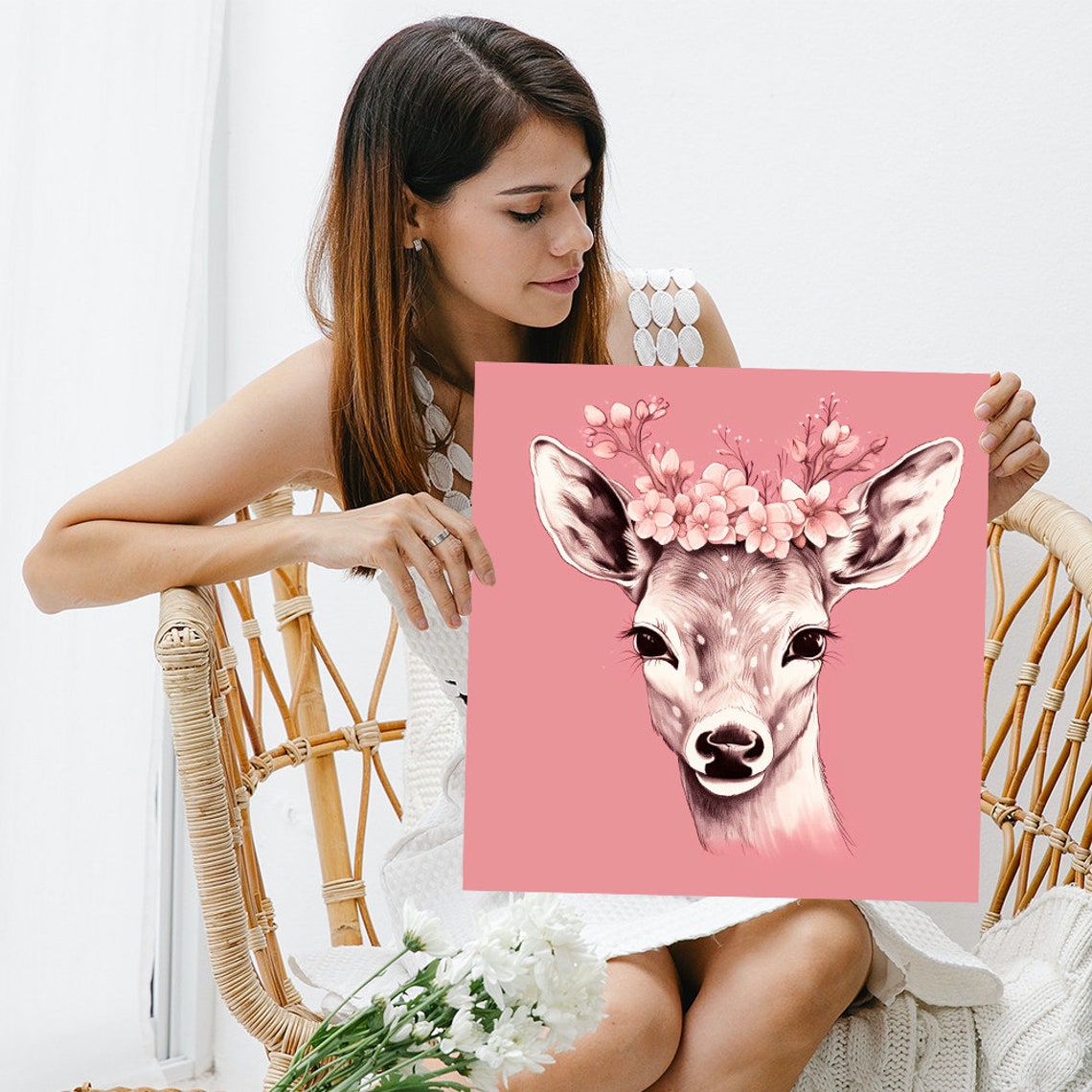 Baby Deer Floral Crown Pink Cherry Blossom Nursery Fantasy Wall Poster - Image 3