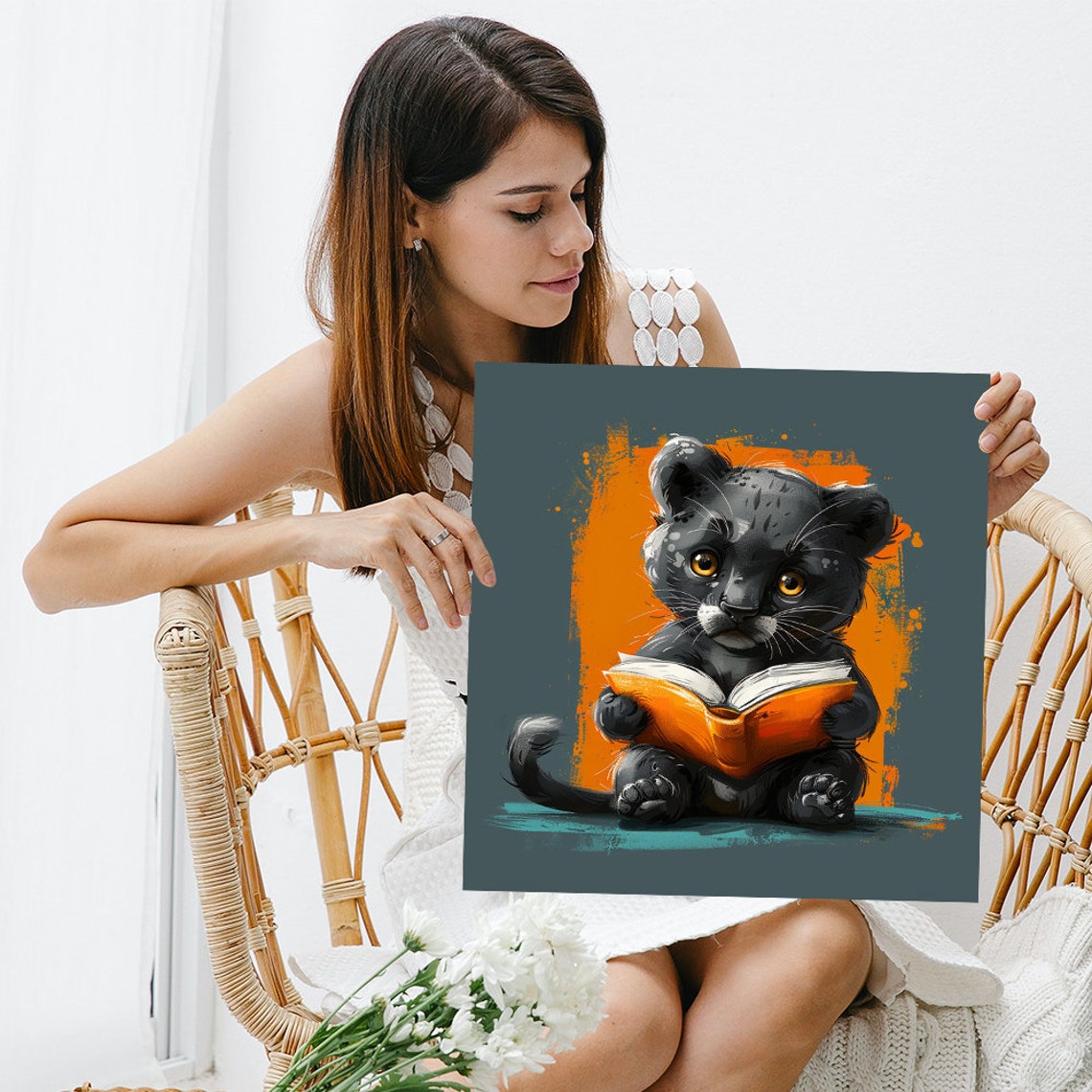 Black Panther Cub Reading Book Cute Nursery Teal Orange Poster - Image 3
